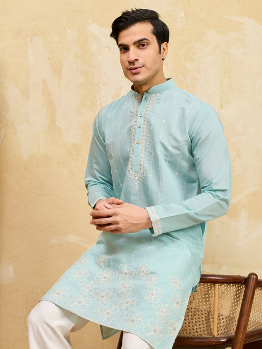 Modern Sky Blue Viscose Silk Fancy Embroidered Men’s Kurta