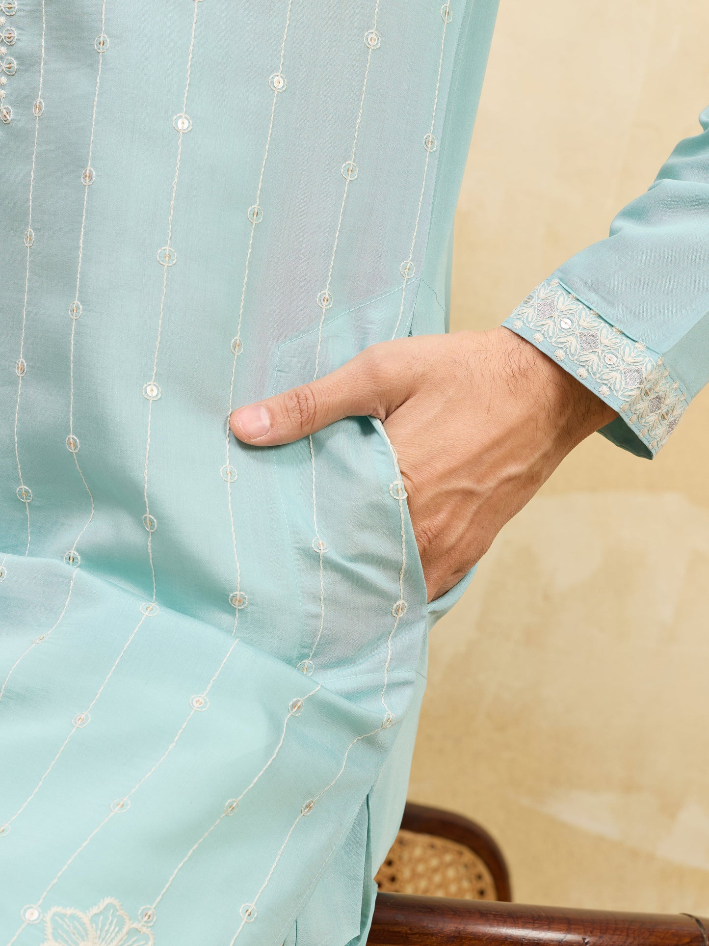 Modern Sky Blue Viscose Silk Fancy Embroidered Men’s Kurta