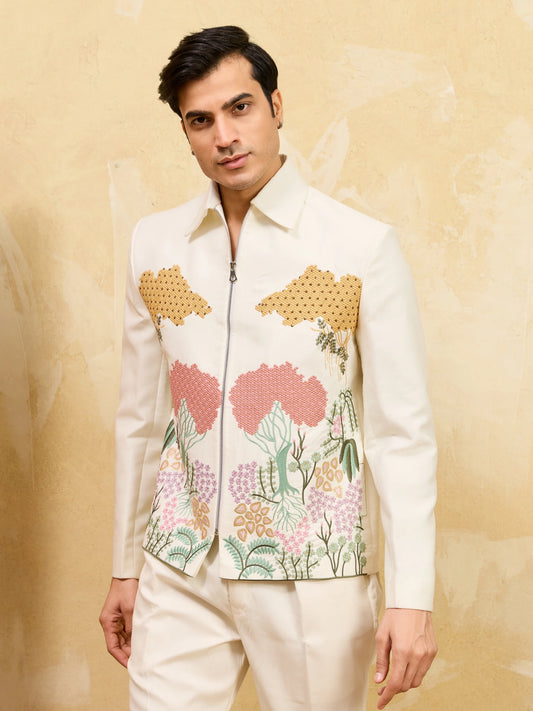 Premium White Bomber Jacket Featuring Multi Thread Sequin Work with Pant
