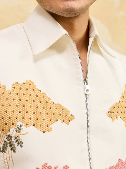 Premium White Bomber Jacket Featuring Multi Thread Sequin Work with Pant