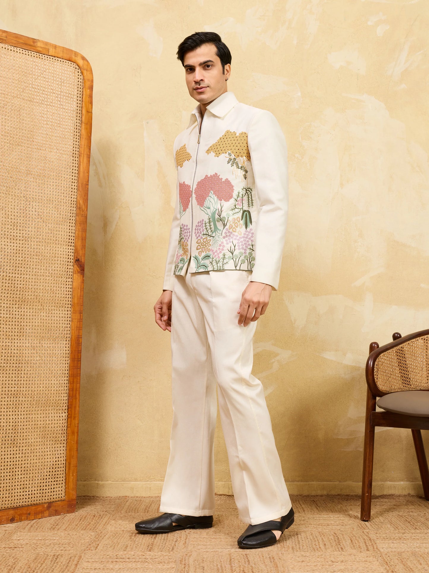 Premium White Bomber Jacket Featuring Multi Thread Sequin Work with Pant