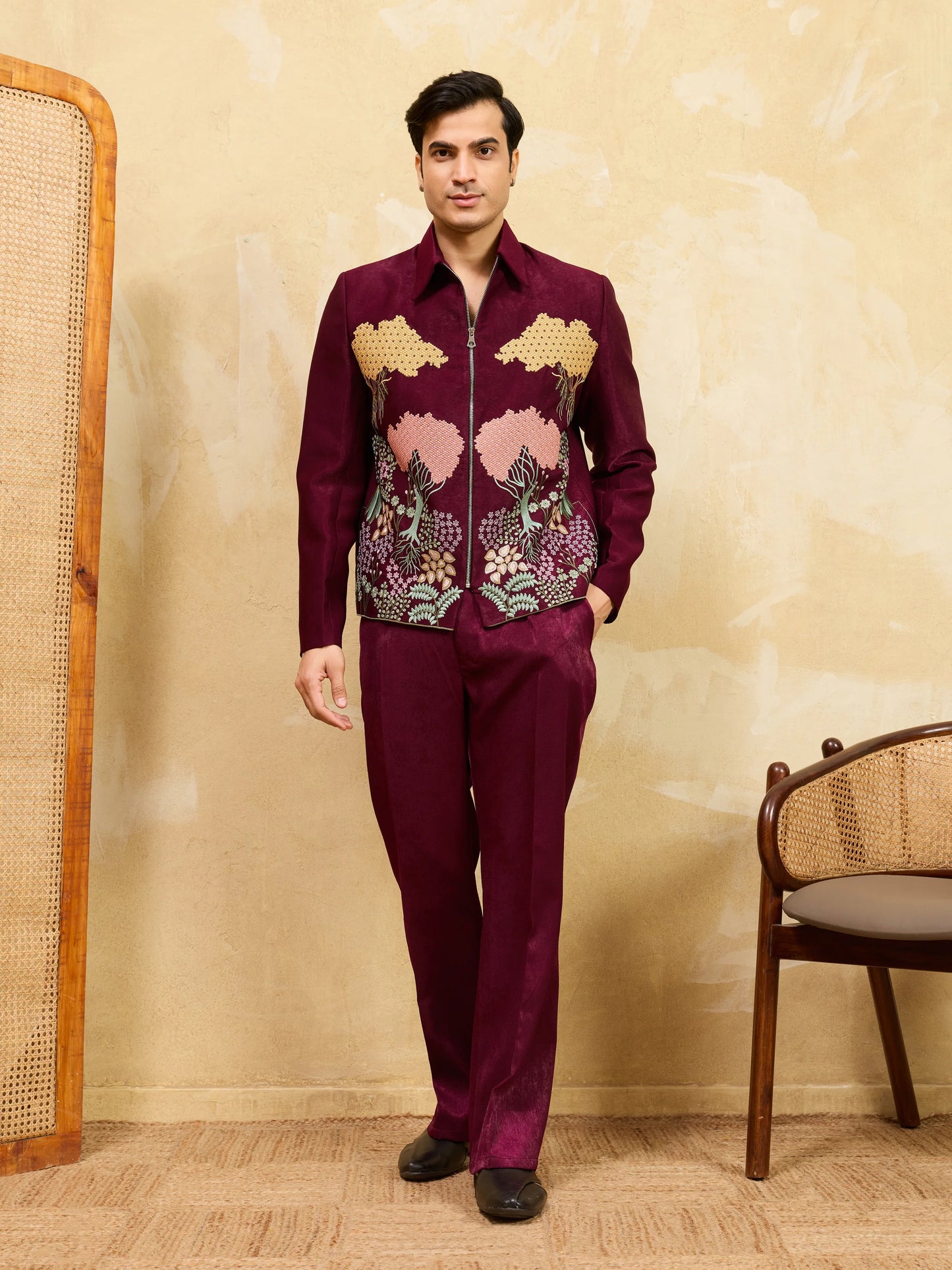 Elegant Maroon Bomber Jacket with Pant for Men's
