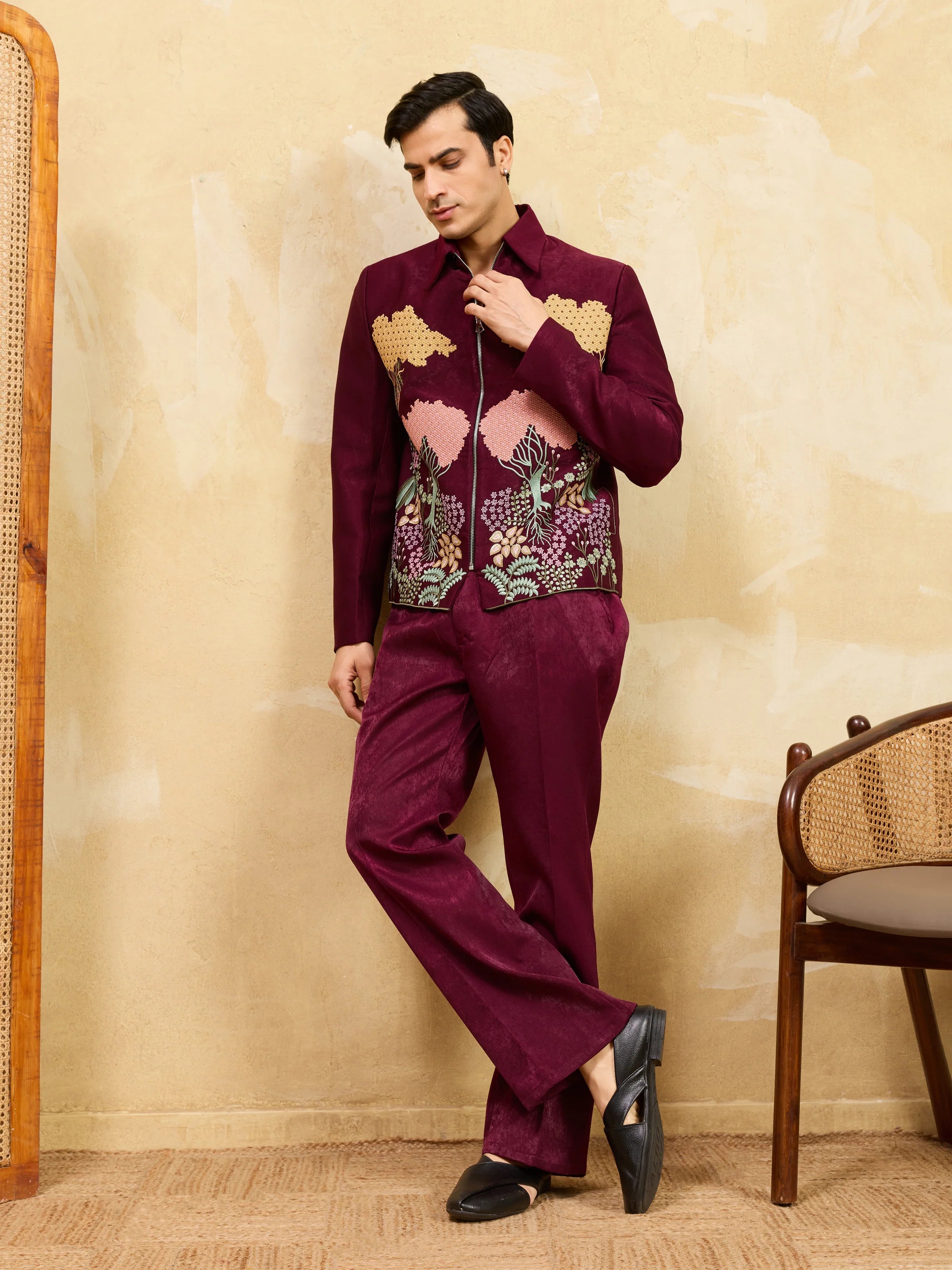 Elegant Maroon Bomber Jacket with Pant for Men's