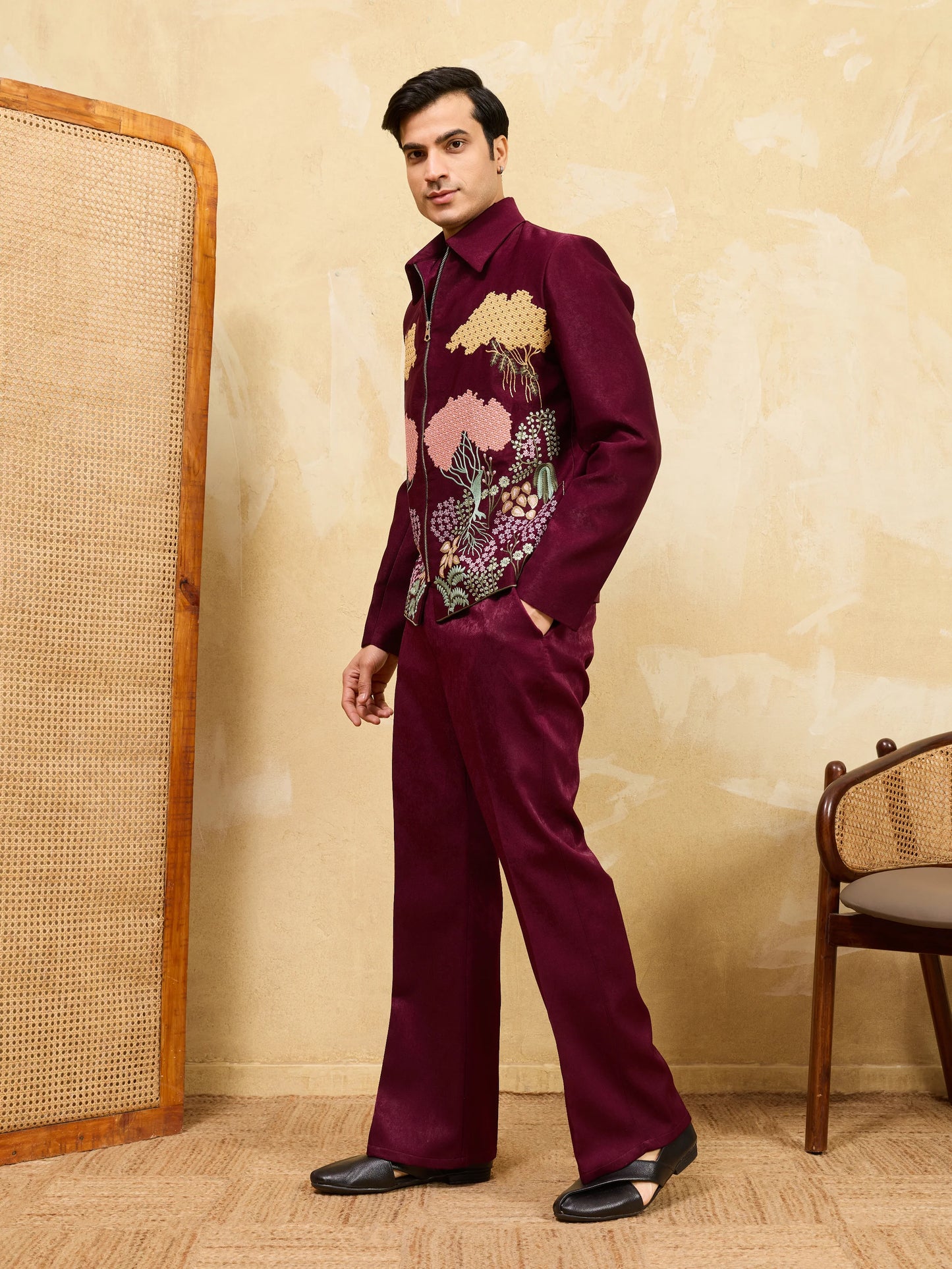 Elegant Maroon Bomber Jacket with Pant for Men's