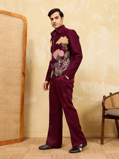Elegant Maroon Bomber Jacket with Pant for Men's