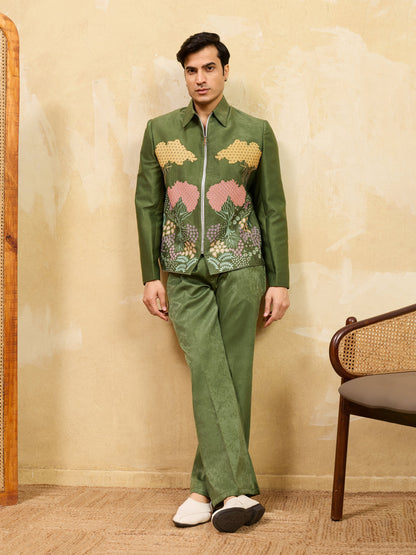 Regal Green Bomber Jacket with Thread Work and Pant for Mens
