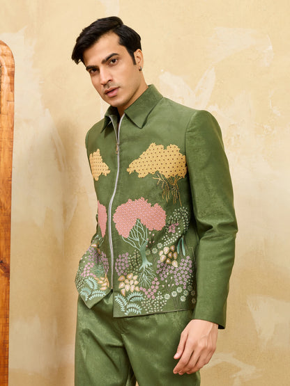 Regal Green Bomber Jacket with Thread Work and Pant for Mens