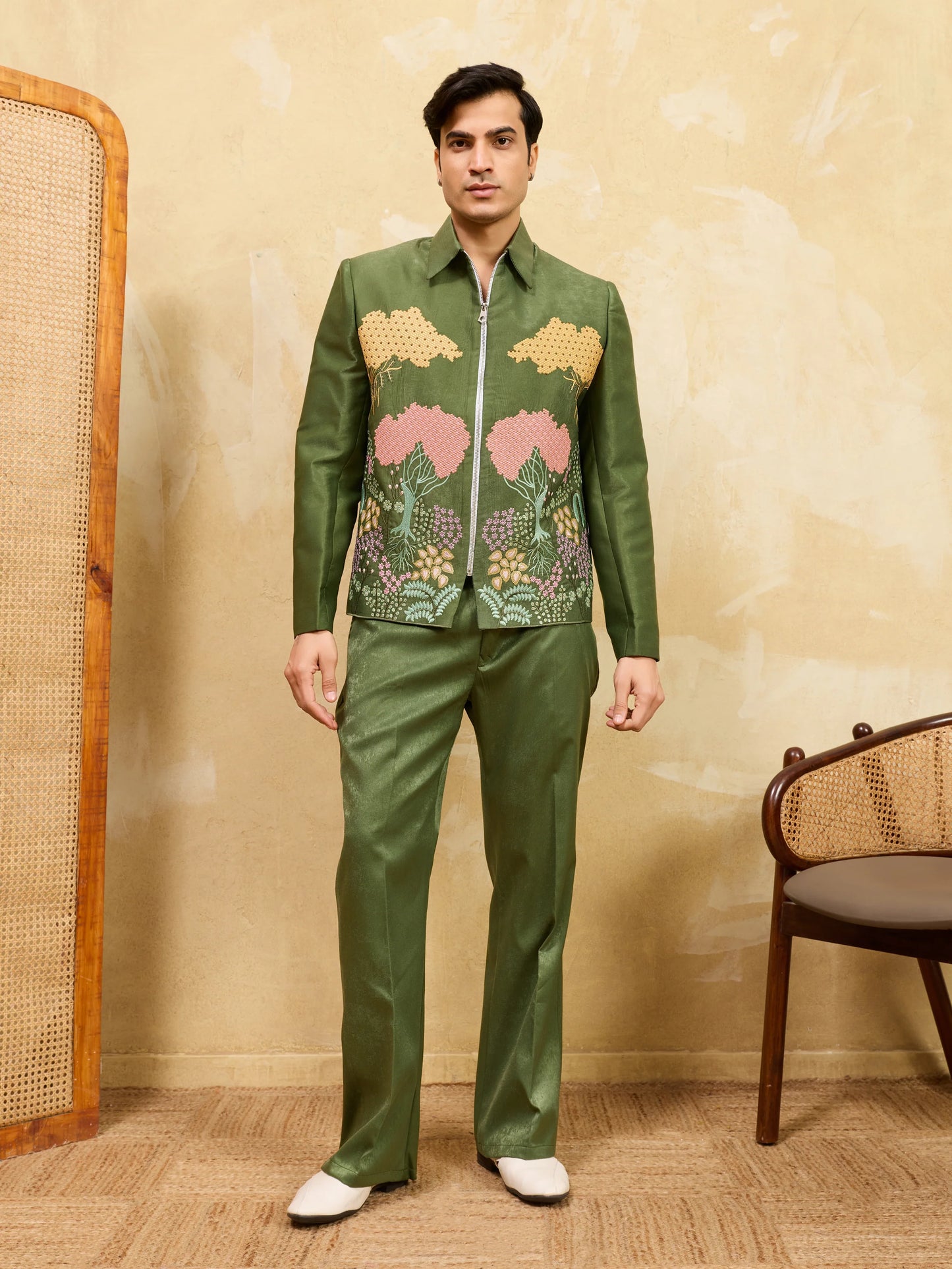Regal Green Bomber Jacket with Thread Work and Pant for Mens
