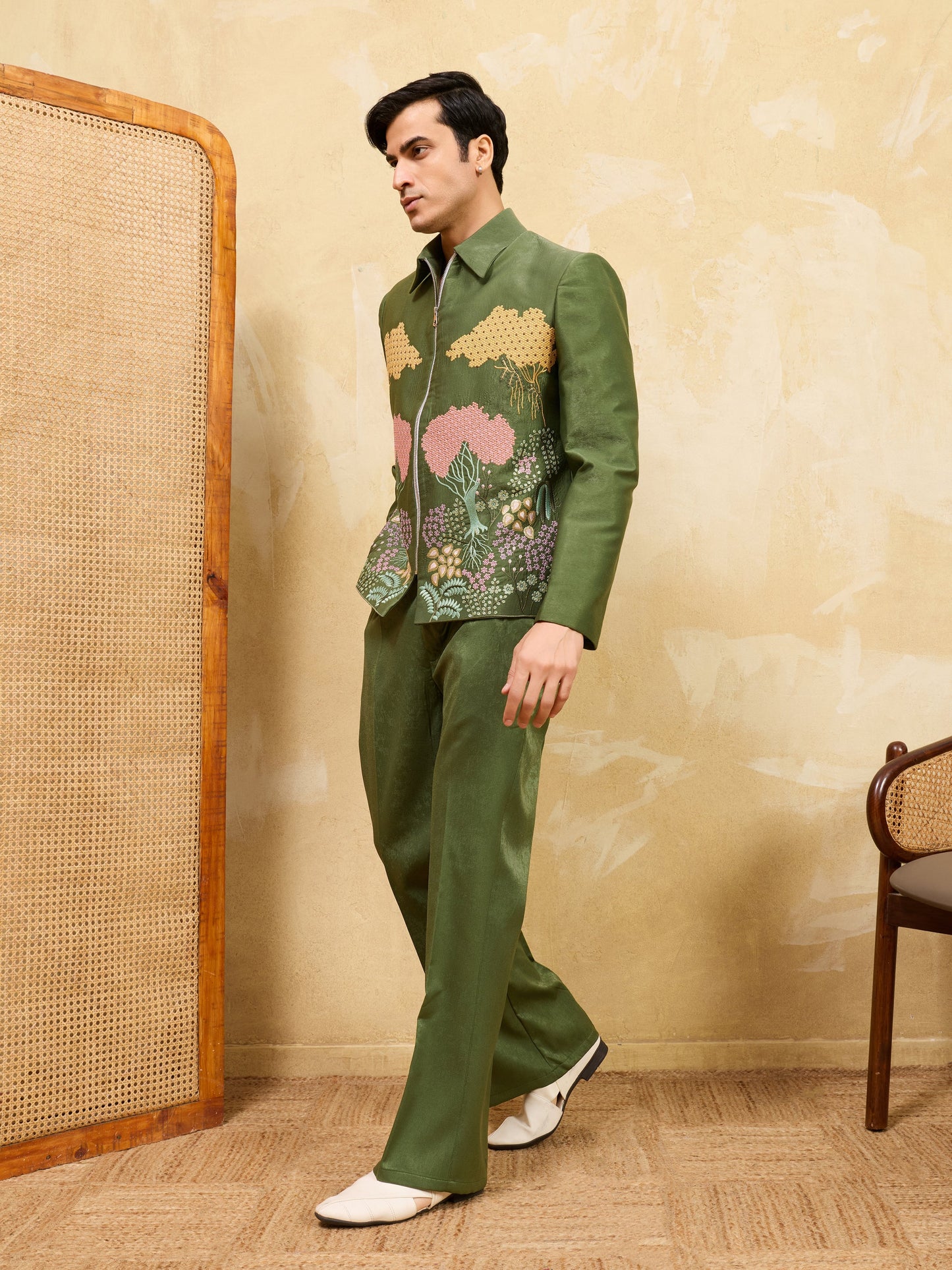 Regal Green Bomber Jacket with Thread Work and Pant for Mens