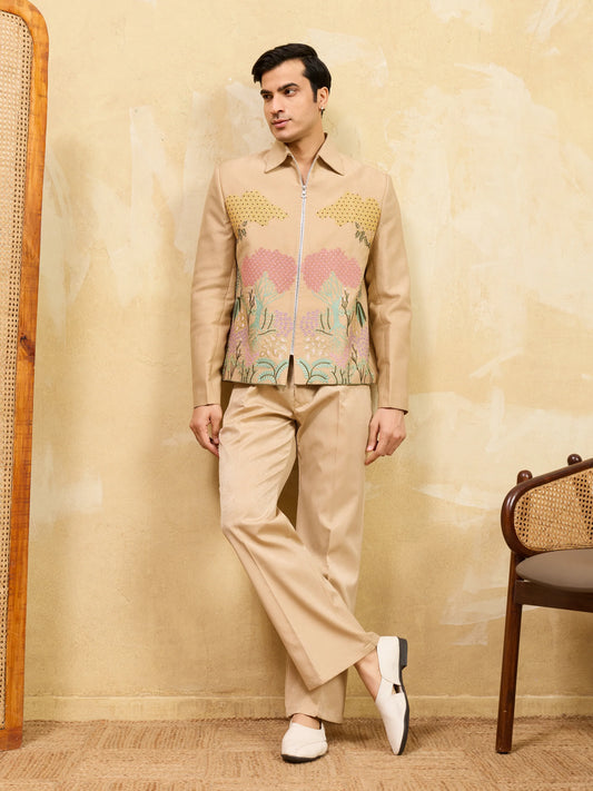 Beige Bomber Jacket with Embroidered Thread Work and Pant Set for Men
