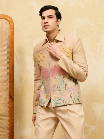Beige Bomber Jacket with Embroidered Thread Work and Pant Set for Men