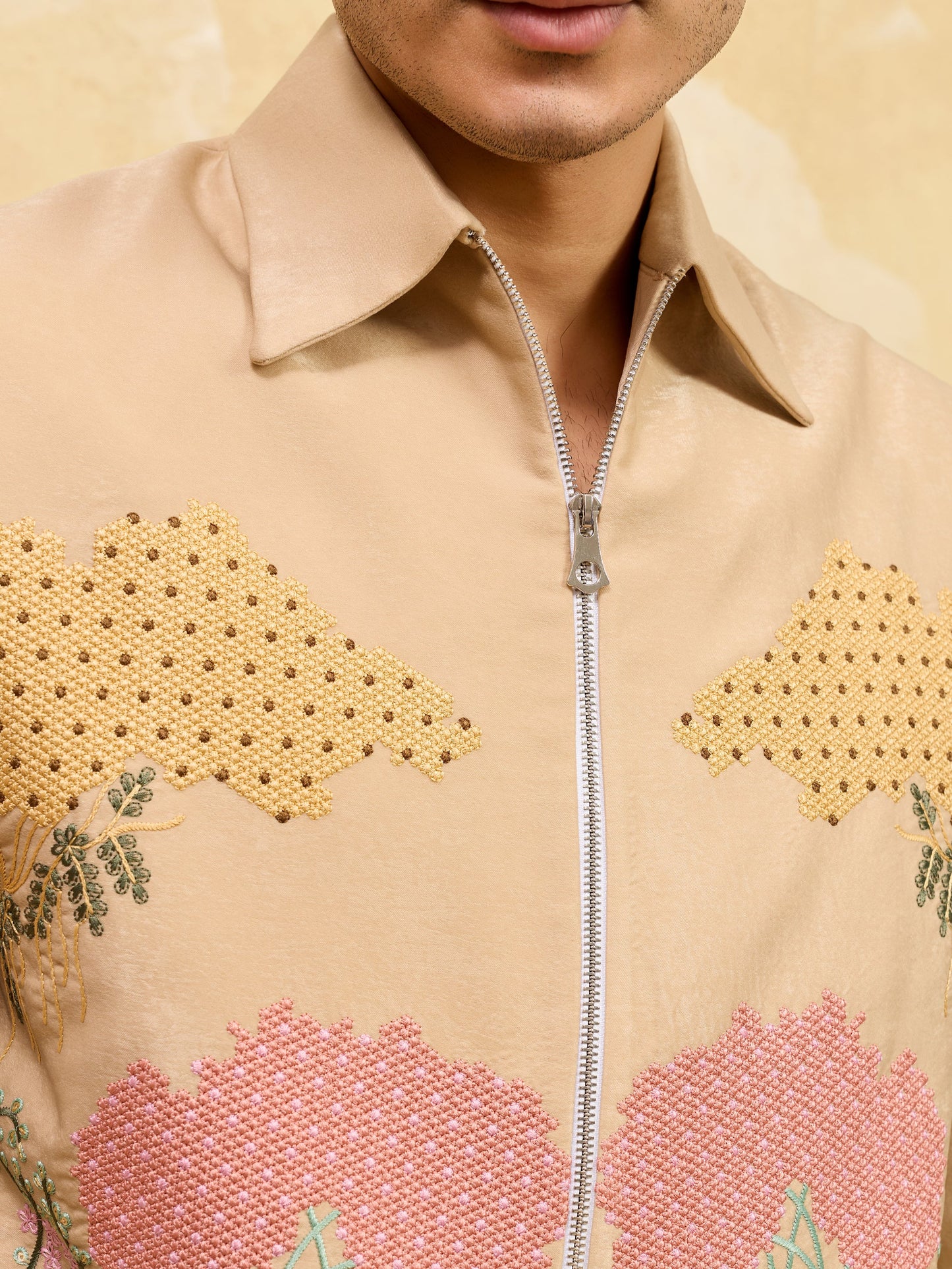 Beige Bomber Jacket with Embroidered Thread Work and Pant Set for Men