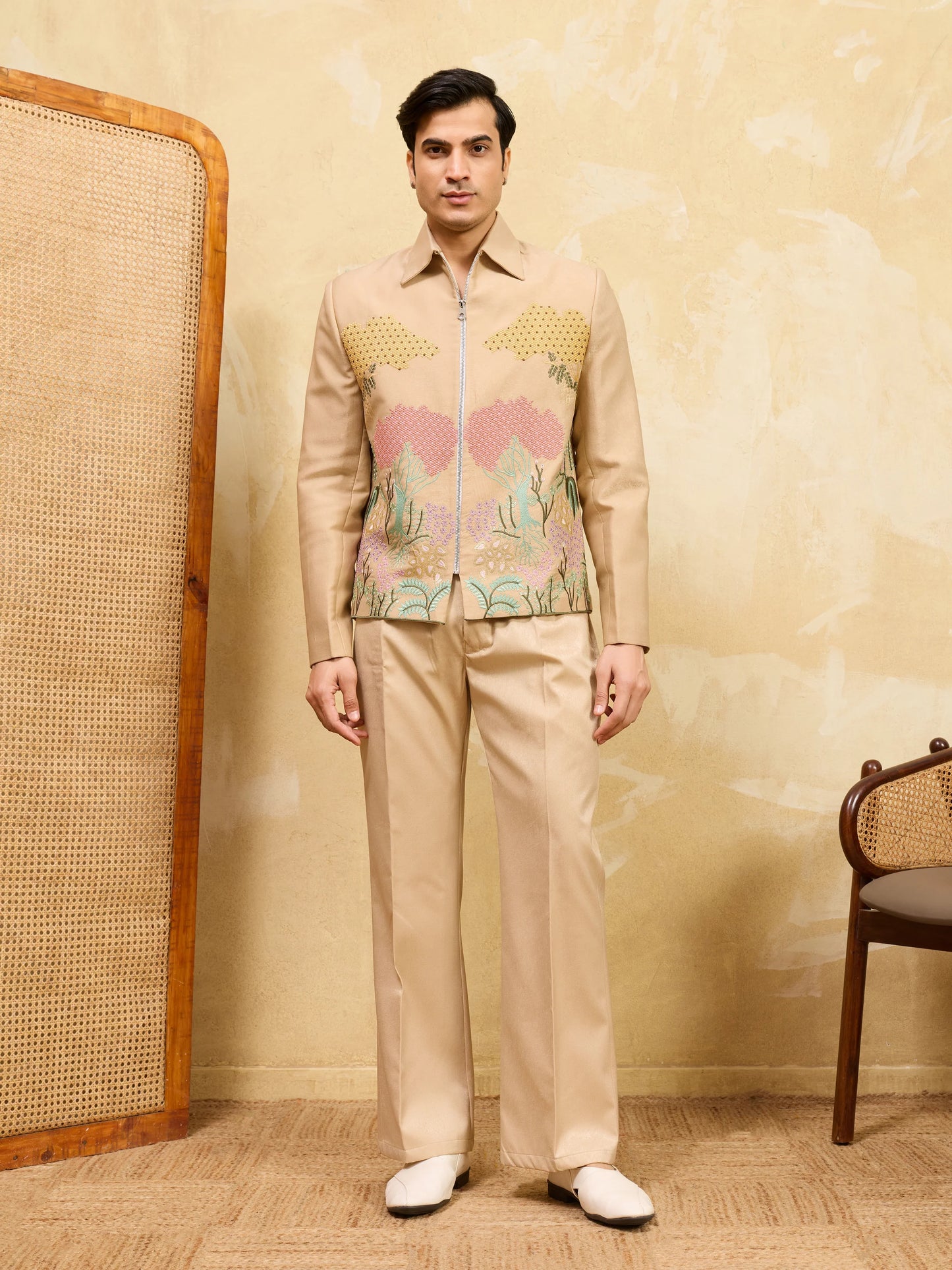 Beige Bomber Jacket with Embroidered Thread Work and Pant Set for Men