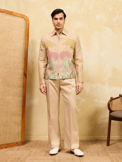 Beige Bomber Jacket with Embroidered Thread Work and Pant Set for Men