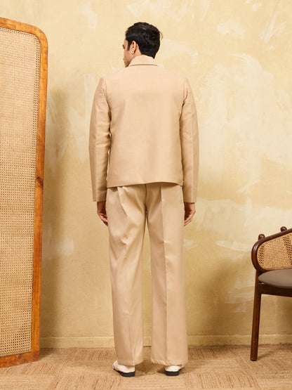 Beige Bomber Jacket with Embroidered Thread Work and Pant Set for Men