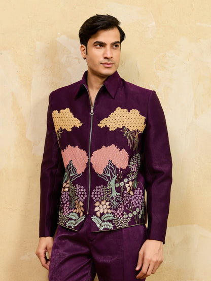 Stylish Wine Bomber Jacket with Embroidered Thread and Pants for Men