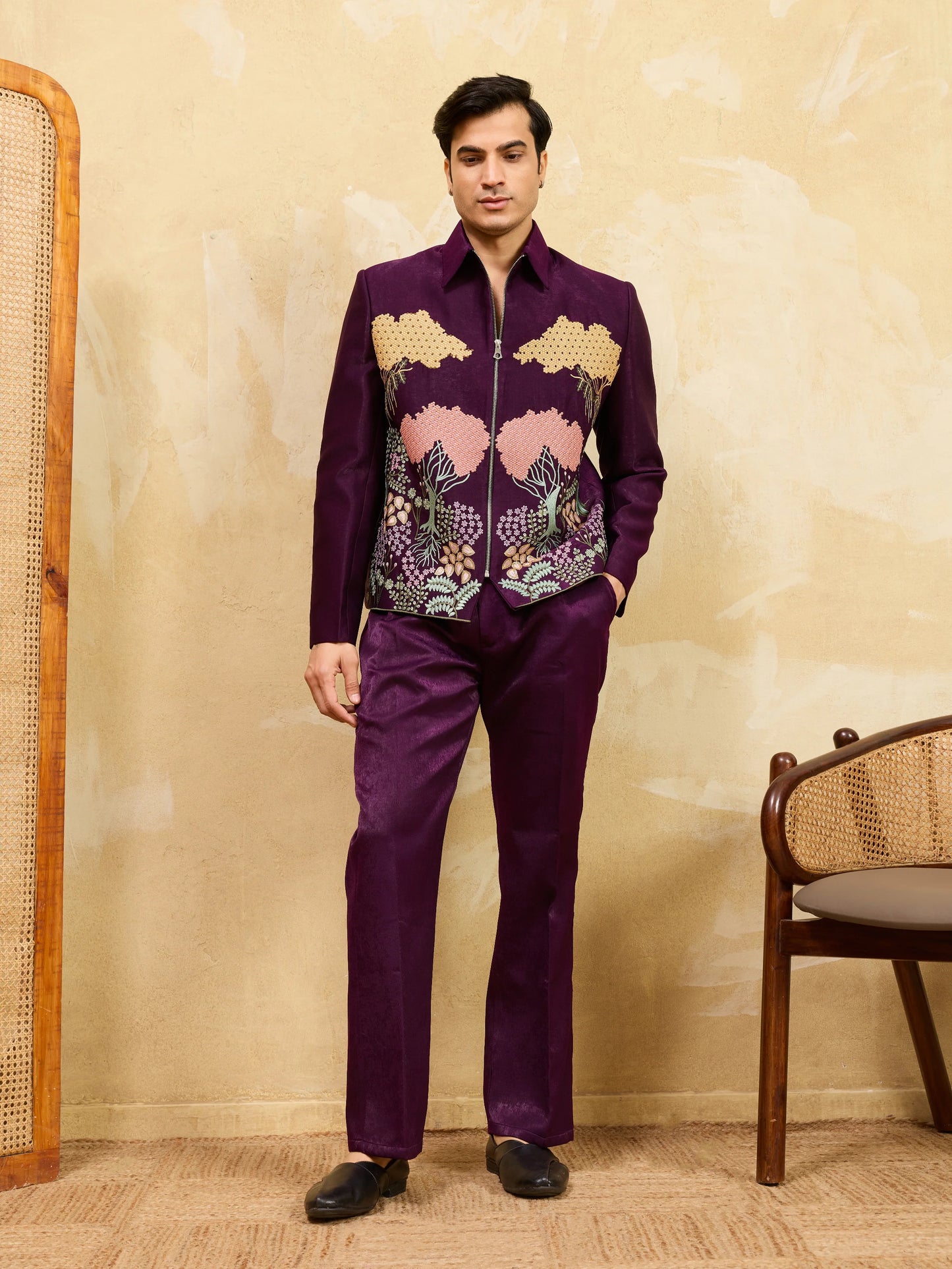 Stylish Wine Bomber Jacket with Embroidered Thread and Pants for Men