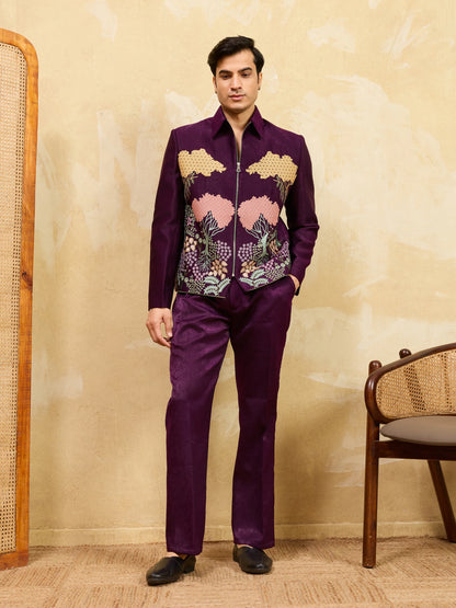Stylish Wine Bomber Jacket with Embroidered Thread and Pants for Men