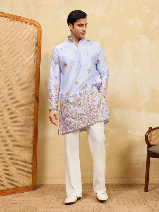 Stylish Blue Viscose Silk Embroidered Kurta Pant Set for Men