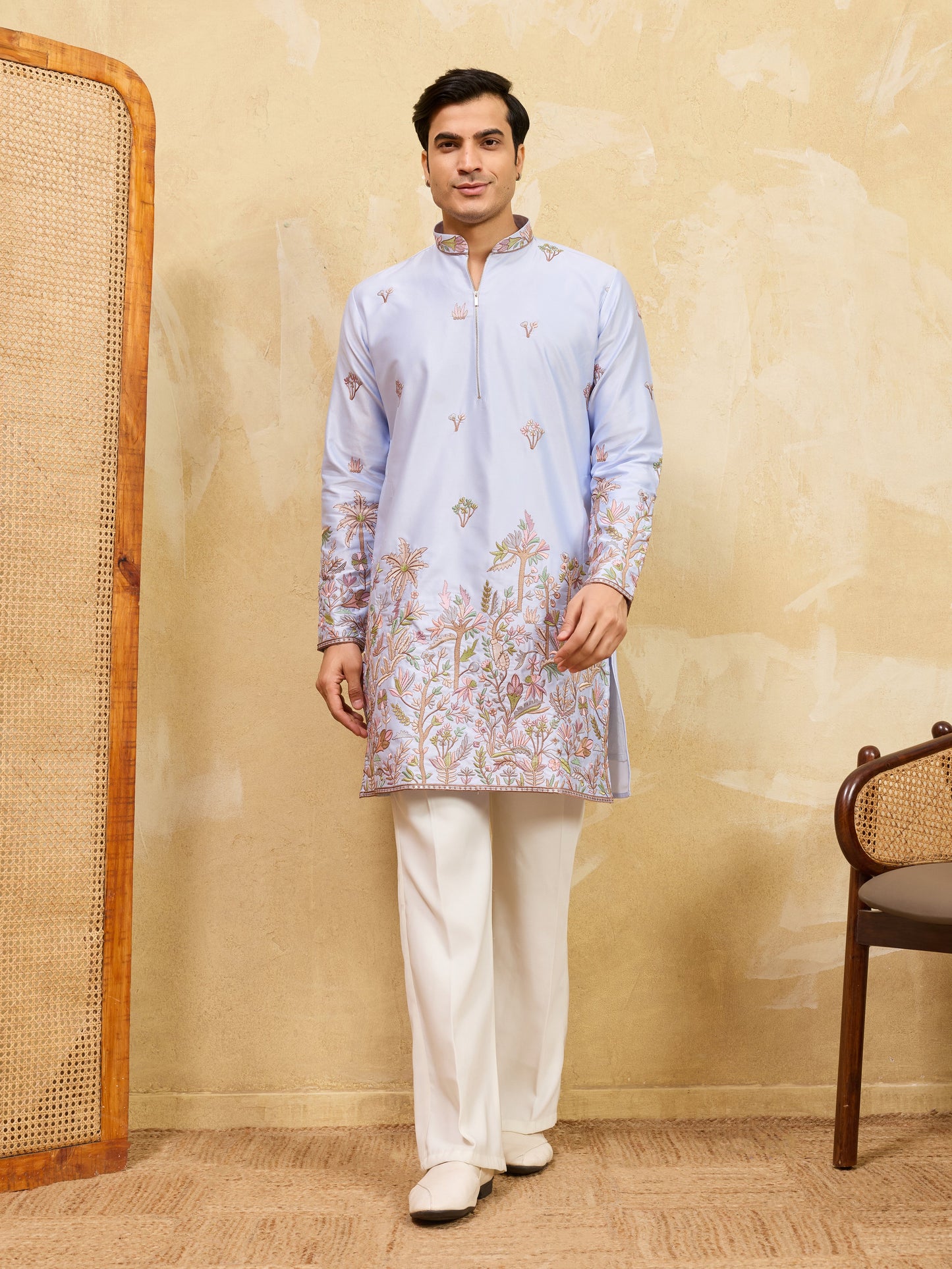 Stylish Blue Viscose Silk Embroidered Kurta Pant Set for Men