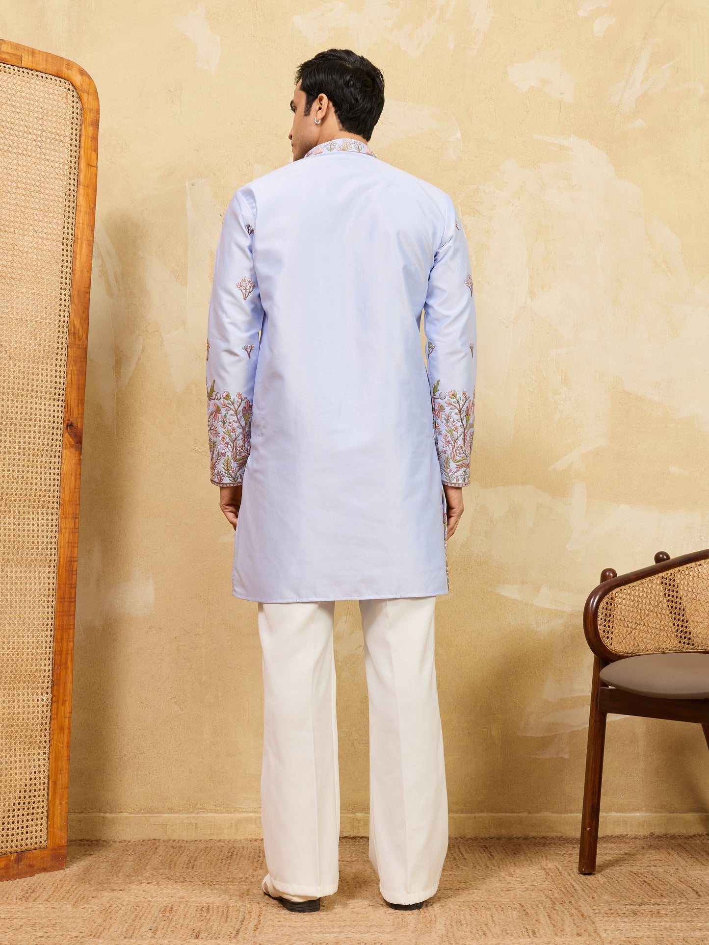 Stylish Blue Viscose Silk Embroidered Kurta Pant Set for Men