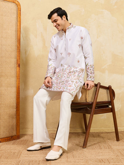 Classic White Thread & Sequence Embroidered Work Kurta Pant Set