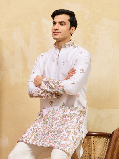 Classic White Thread & Sequence Embroidered Work Kurta Pant Set