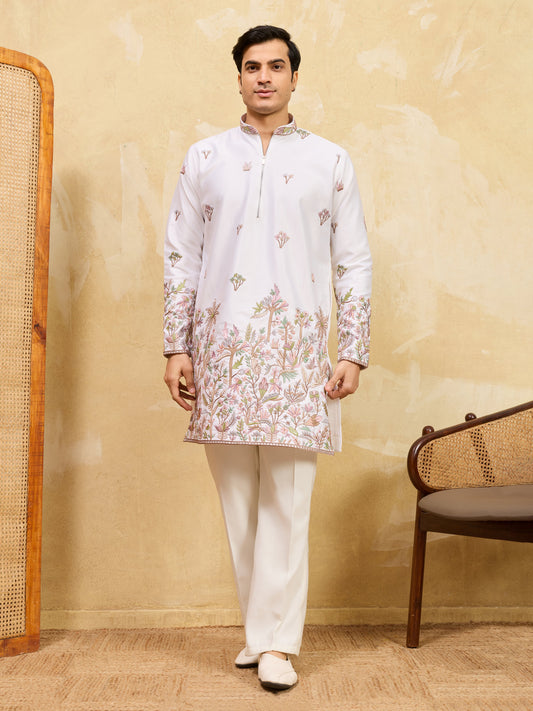 Classic White Thread & Sequence Embroidered Work Kurta Pant Set
