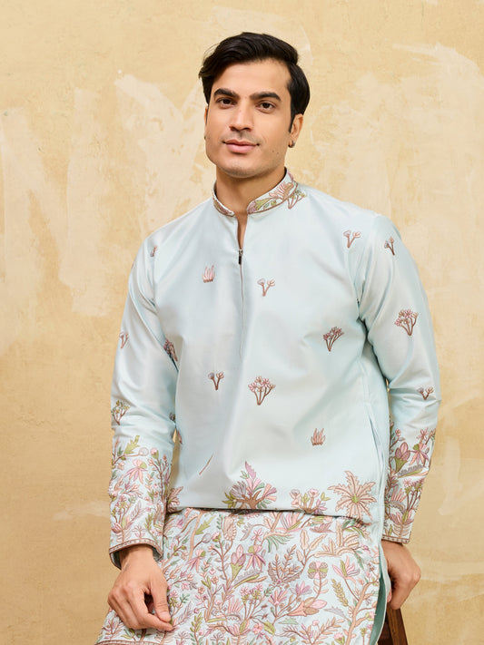 Premium Sky Viscose Silk Embroidered Work Kurta Set For Festive Occasion