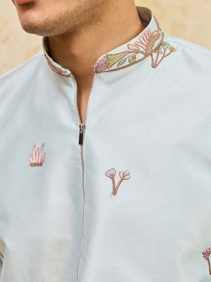 Premium Sky Viscose Silk Embroidered Work Kurta Set For Festive Occasion