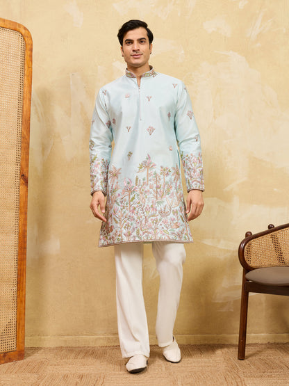 Premium Sky Viscose Silk Embroidered Work Kurta Set For Festive Occasion