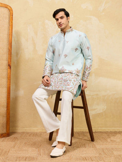 Premium Sky Viscose Silk Embroidered Work Kurta Set For Festive Occasion