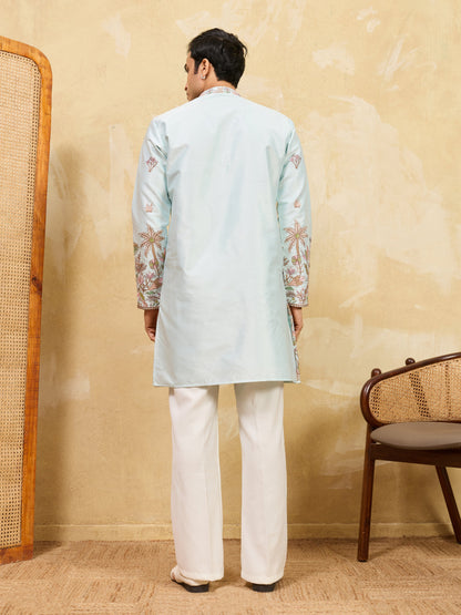 Premium Sky Viscose Silk Embroidered Work Kurta Set For Festive Occasion