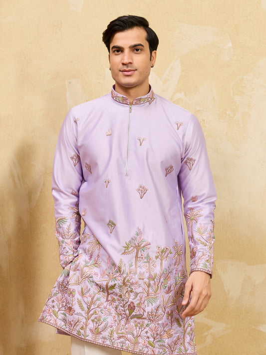 Trendy Lavender Viscose Silk Thread Embroidery Kurta Pant Set