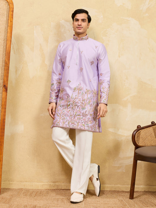 Trendy Lavender Viscose Silk Thread Embroidery Kurta Pant Set