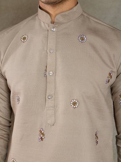 Premium Ivory Color Embroidered Kurta with Pajama Set for Men
