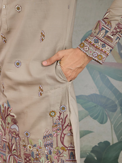 Premium Ivory Color Embroidered Kurta with Pajama Set for Men