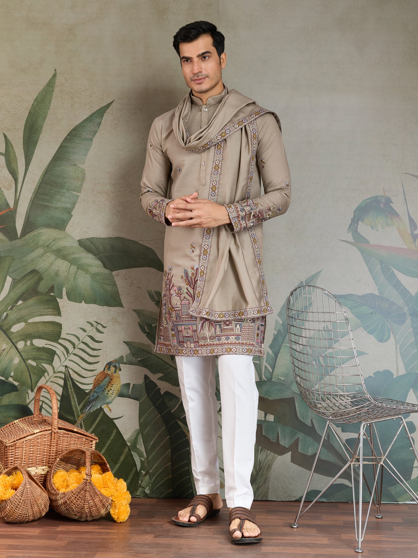 Premium Ivory Color Embroidered Kurta with Pajama Set for Men