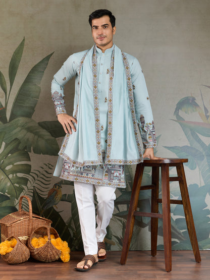 Traditional Sky Color Embroidered Kurta Pajama Set for Men