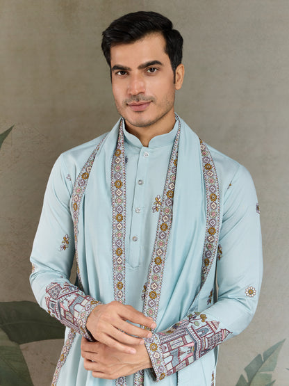 Traditional Sky Color Embroidered Kurta Pajama Set for Men