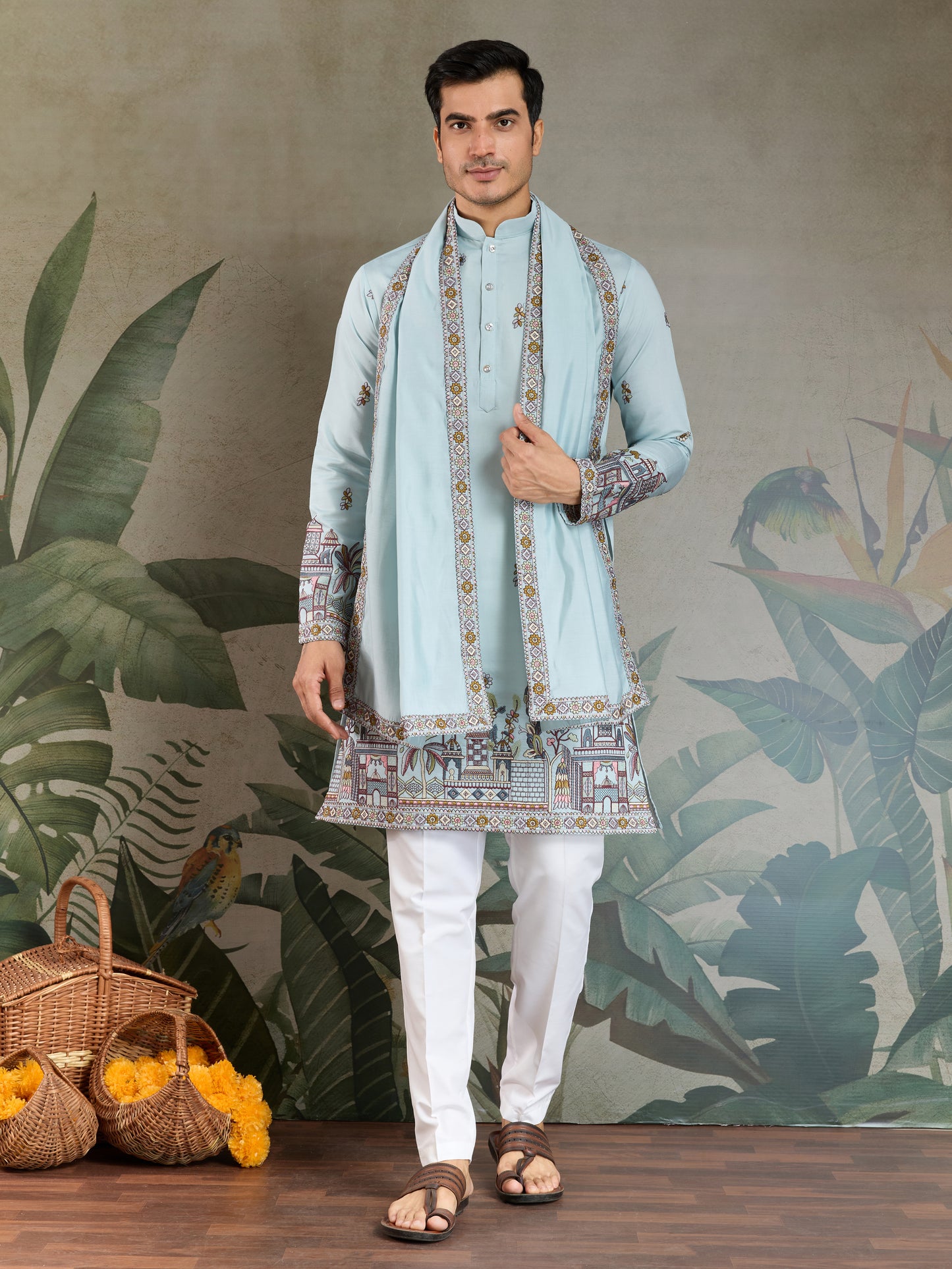 Traditional Sky Color Embroidered Kurta Pajama Set for Men