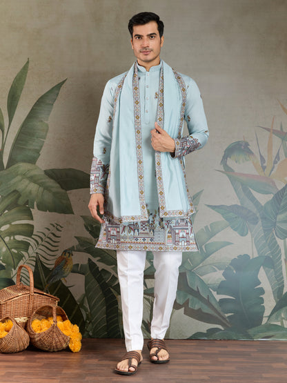 Traditional Sky Color Embroidered Kurta Pajama Set for Men