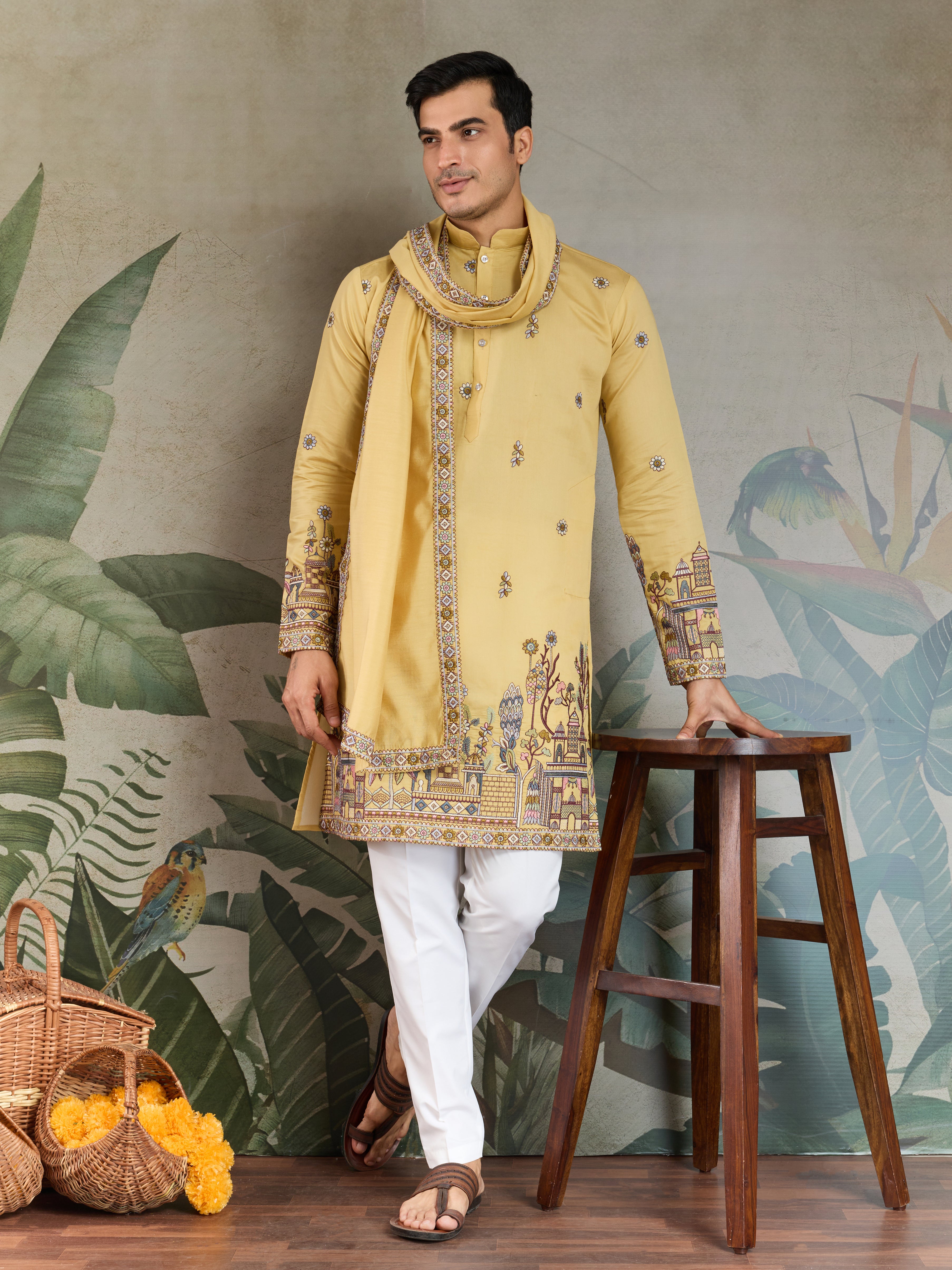 Haldi Special Yellow Embroidered Kurta Pajama with Dupatta Set for Men