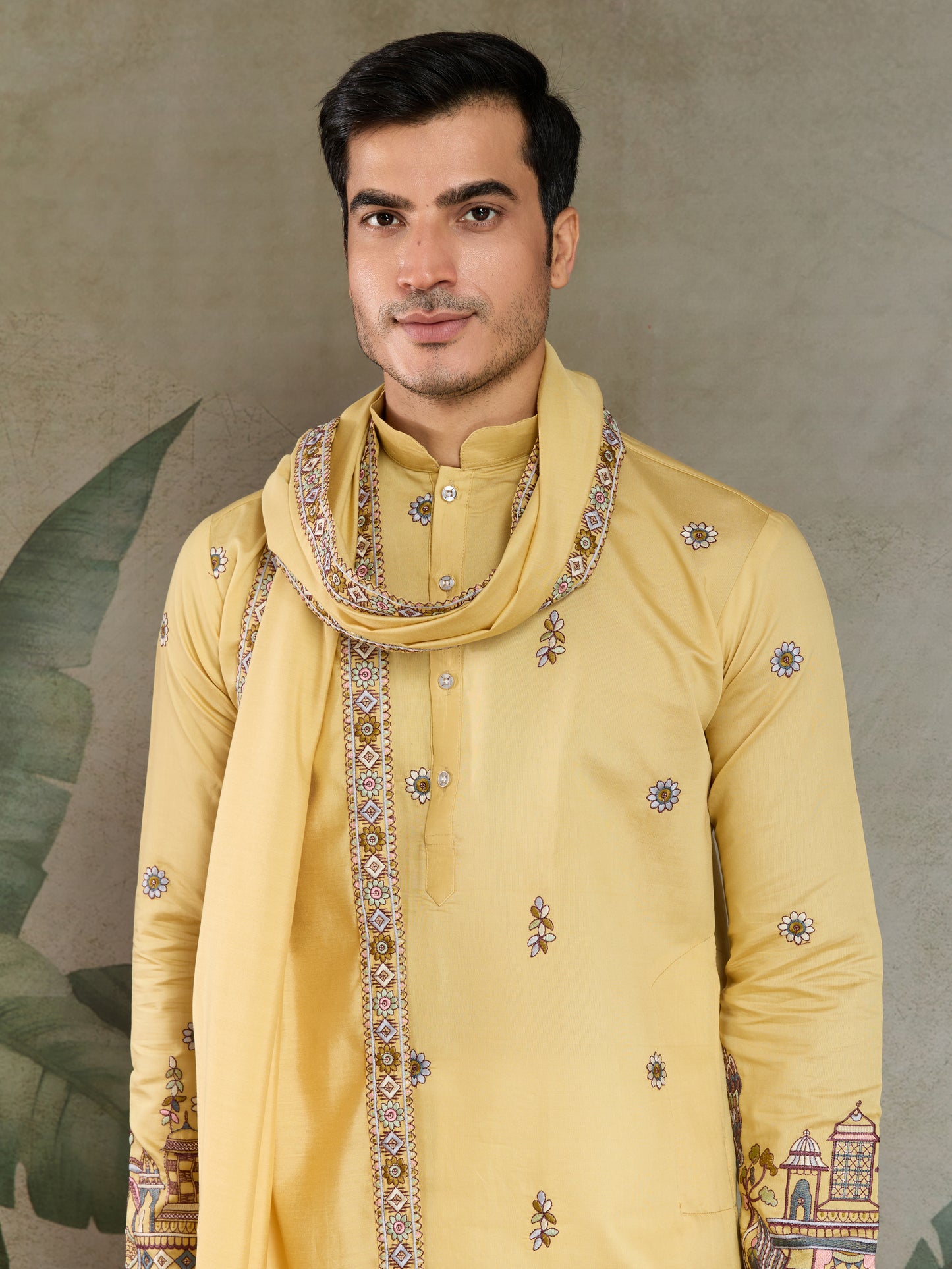 Haldi Special Yellow Embroidered Kurta Pajama with Dupatta Set for Men