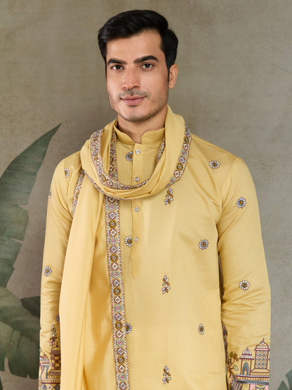 Haldi Special Yellow Embroidered Kurta Pajama with Dupatta Set for Men