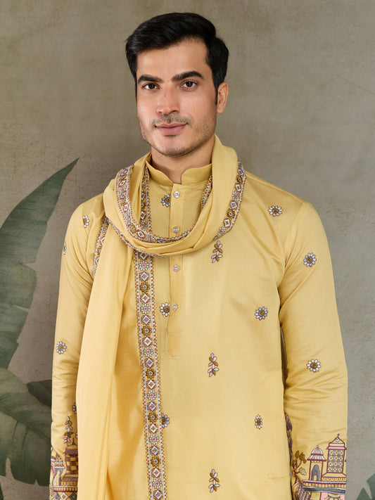 Haldi Special Yellow Embroidered Kurta Pajama with Dupatta Set for Men
