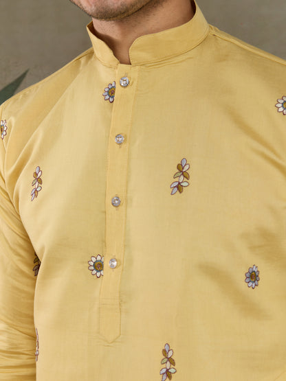 Haldi Special Yellow Embroidered Kurta Pajama with Dupatta Set for Men