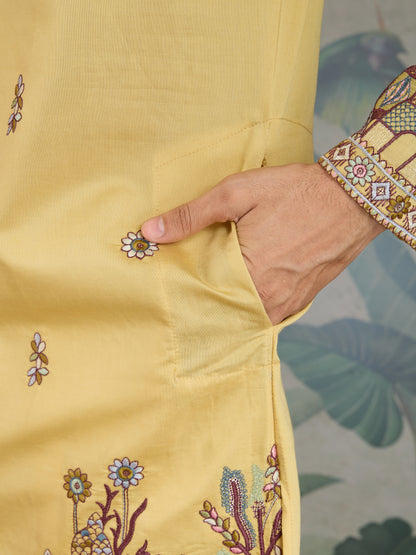 Haldi Special Yellow Embroidered Kurta Pajama with Dupatta Set for Men