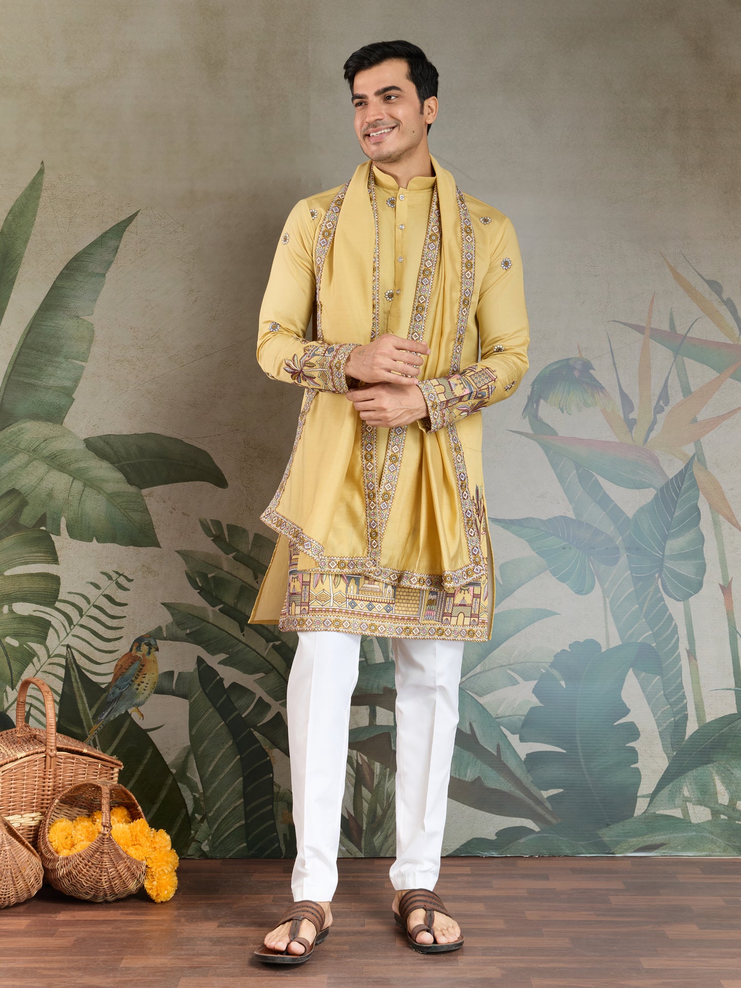 Haldi Special Yellow Embroidered Kurta Pajama with Dupatta Set for Men