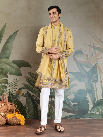 Haldi Special Yellow Embroidered Kurta Pajama with Dupatta Set for Men